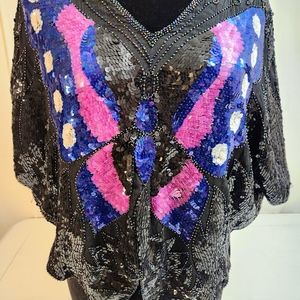Vintage Sho Max Sequin Butterfly Blouse Black with Pink and Blue Size Small